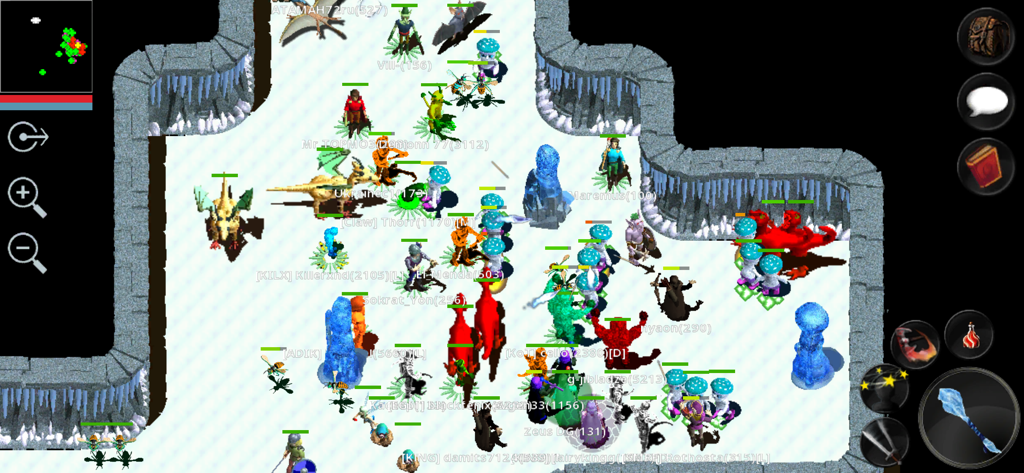 Forgotten Tales - Un'affollata battaglia multiplayer con giocatori e mostri in un dungeon in pixel art da Forgotten Tales MMORPG.