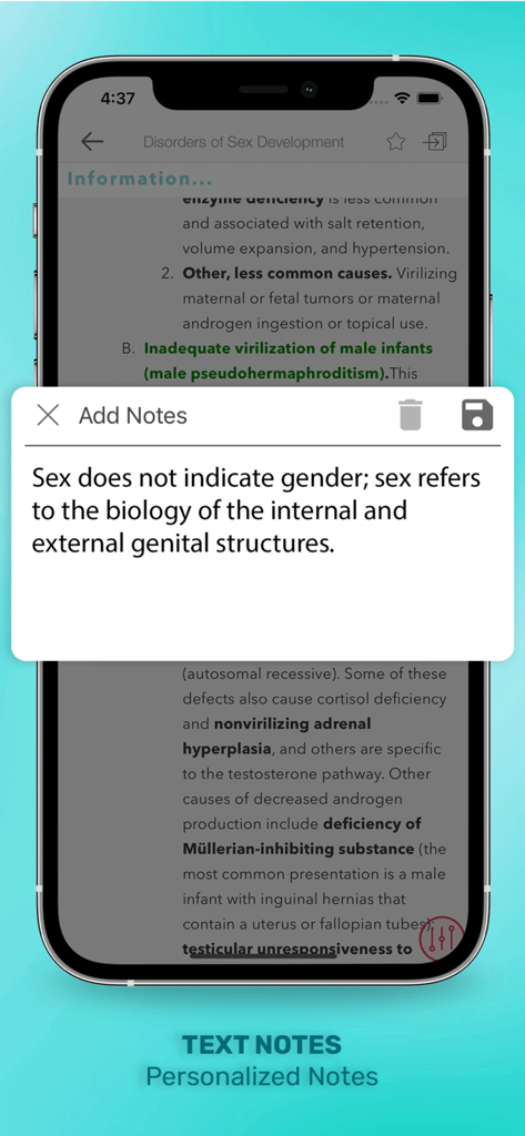 Gomella's Neonatology - A screenshot of the Gomella's Neonatology app showing the personalized text notes feature over clinical content.