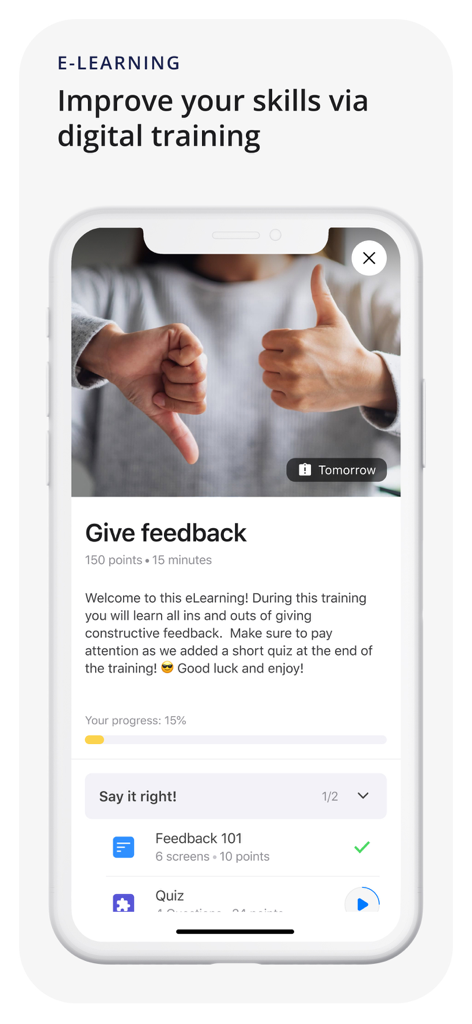 Mobile app interface showing an e-learning module for employee training on giving feedback