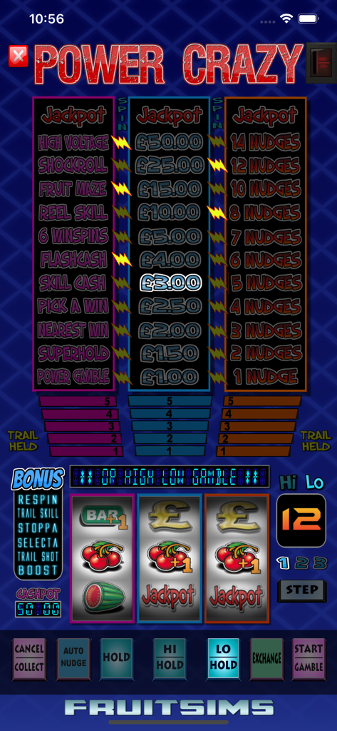 Power Crazy Fruit Machine Game - Gameplay screen of Power Crazy Fruit Machine featuring retro slots and a three-column bonus board.