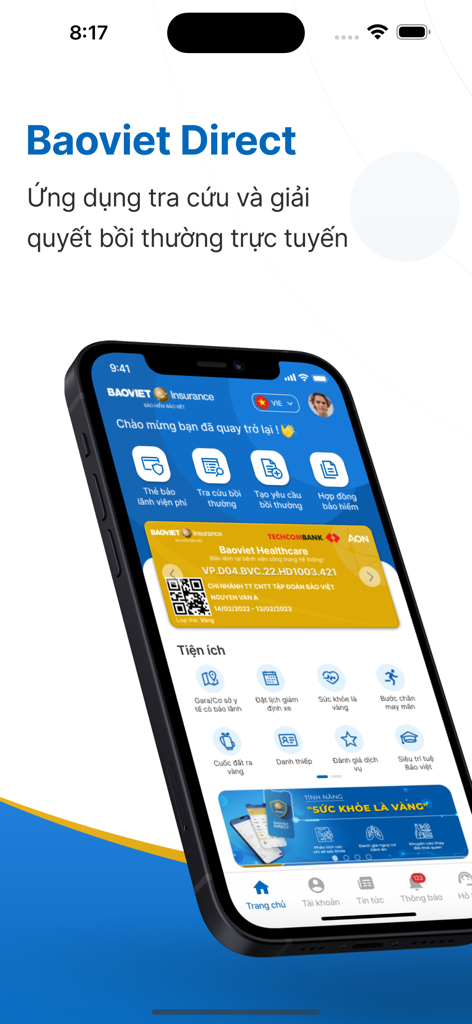 Baoviet Direct mobile app interface showing digital insurance card and claim management tools