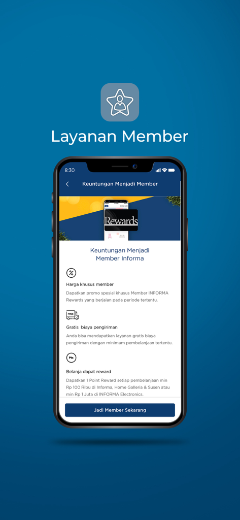 INFORMA App-Bildschirm mit Treuebelohnungen für Mitglieder und exklusiven Vorteilen wie kostenlosem Versand