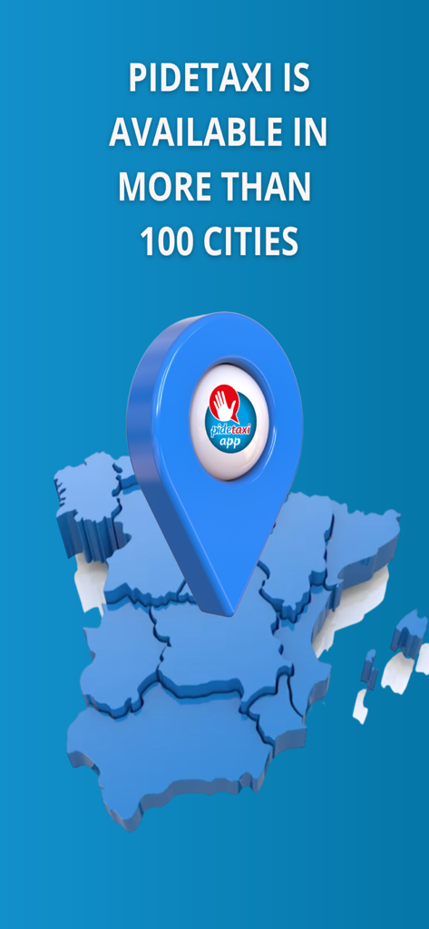 Map of Spain with a location pin showing PideTaxi availability in more than 100 cities.