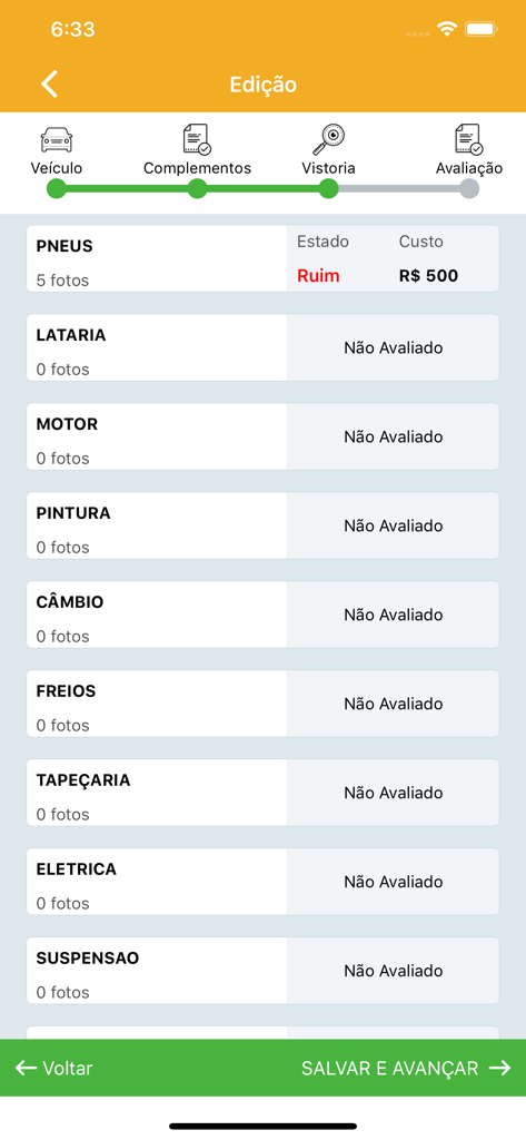 Mobile app interface for vehicle inspection checklist with assessment categories and evaluation costs