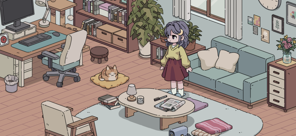 My Little Pomodoro: Focus - 소녀 캐릭터와 잠자는 고양이가 있는 마이 리틀 뽀모도로 앱의 아늑한 그림 방