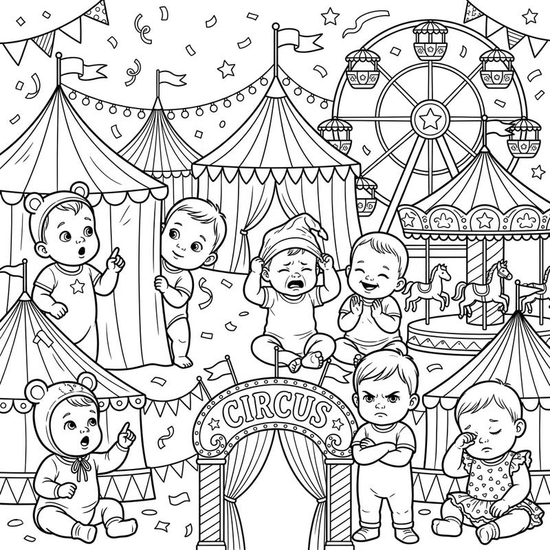 Step right up to a delightful carnival scene where adorable babies are experiencing a full spectrum of emotions. This unique coloring page invites you to bring a vibrant world of tiny tots and festive fun to life with your favorite colors.