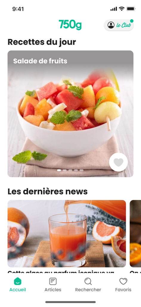 Écran d'accueil de l'application de cuisine 750g affichant quotidiennement des recettes françaises authentiques et des actualités culinaires.