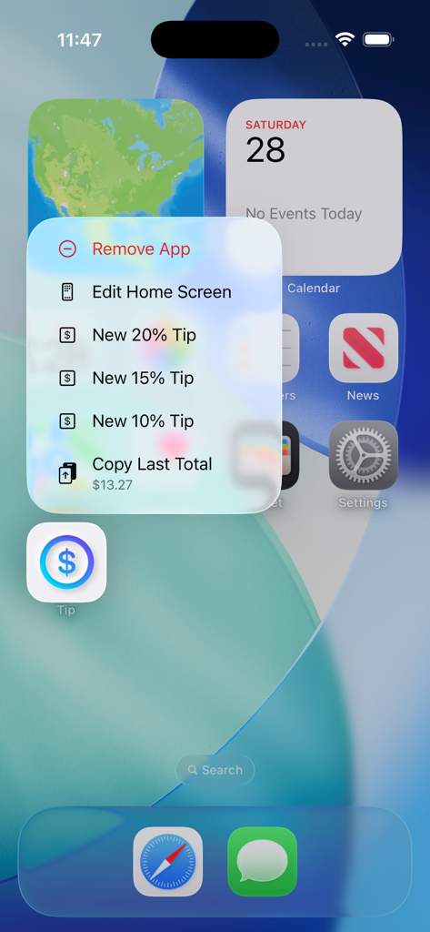 Tip — Gratuity Calculator - Pantalla de inicio del iPhone que muestra el menú de acciones rápidas de la aplicación Tip con atajos de porcentaje de propina y la función de copiar el último total