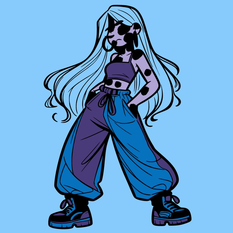 girl in baggy pants crop top and long hair