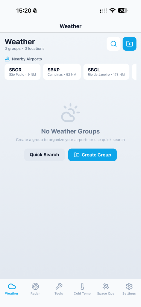 SkyPilot Pro app weather screen showing nearby airports and options to create weather groups