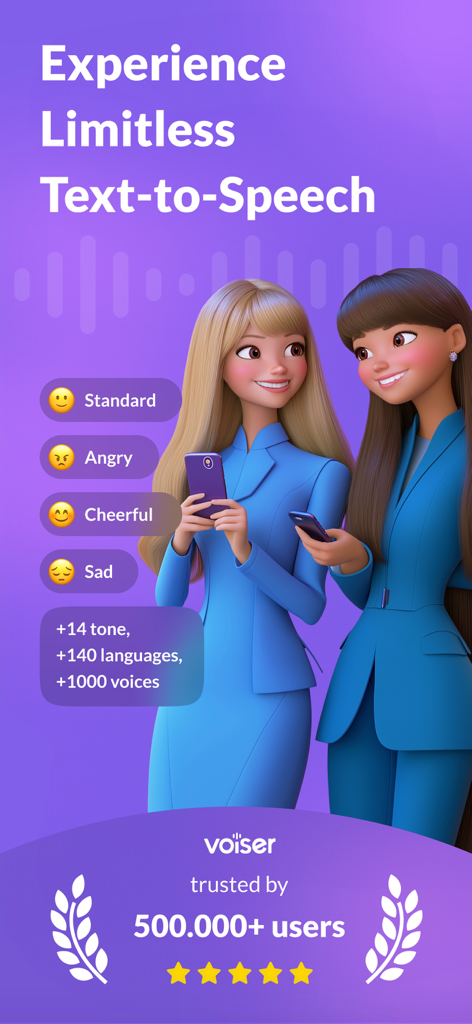 AI Voice Over: Text to Speech - Voiser AI app interface showing text to speech options with various emotional tones like cheerful and sad