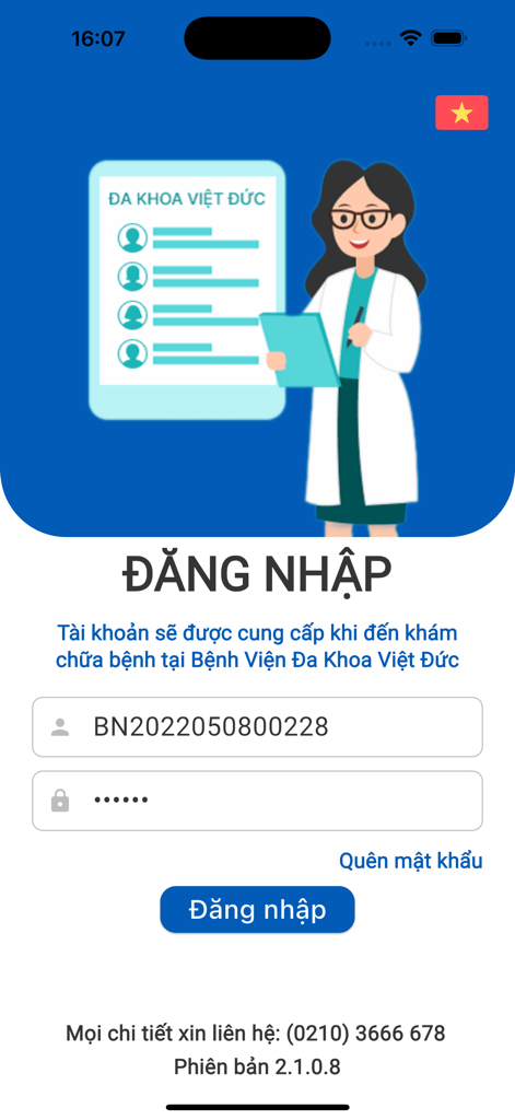 Y Khoa Việt Đức - Login screen of the Y Khoa Viet Duc medical app featuring a doctor illustration and sign in fields