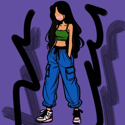 girl in baggy pants crop top and long hair