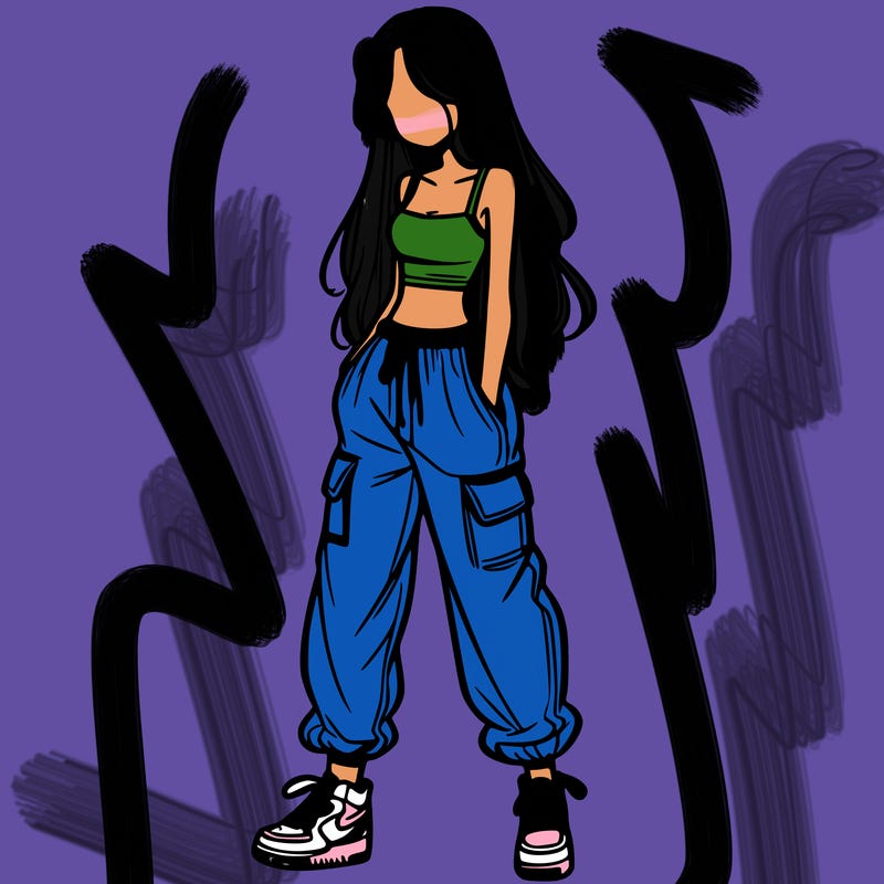 girl in baggy pants crop top and long hair