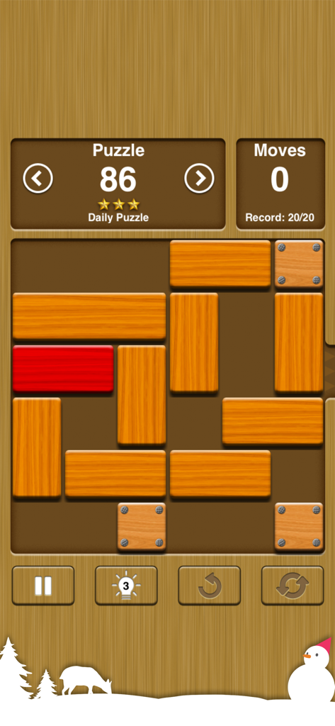 Unblock Me - Unblock Me app screen showing a wooden slider puzzle with a winter holiday theme