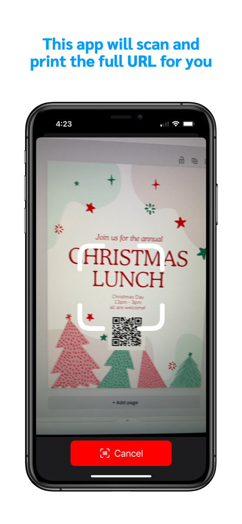 QR Code Inspector app scanning a QR code on a Christmas lunch invitation flyer.