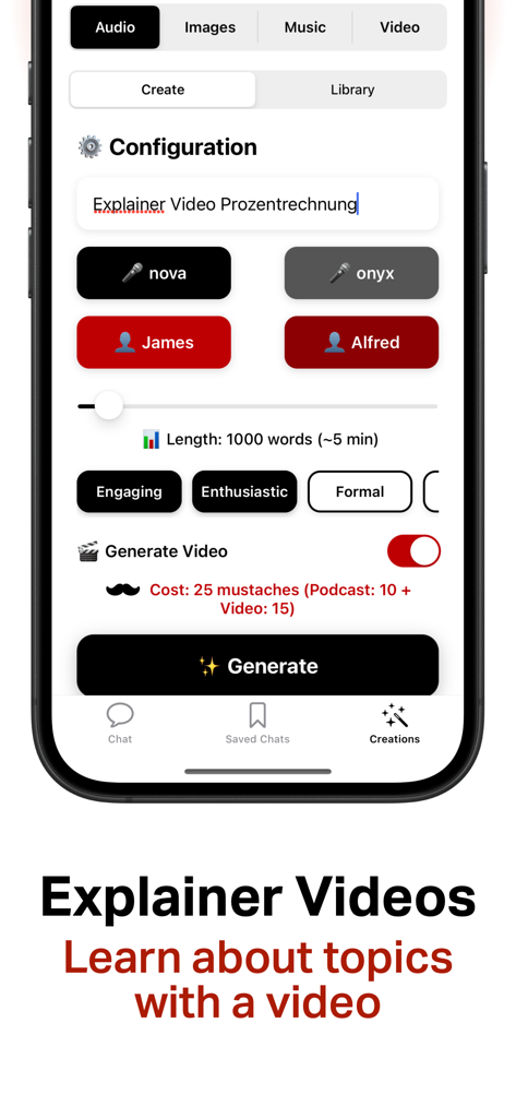 Interface de l'application James IA montrant les paramètres de configuration pour générer une vidéo explicative éducative