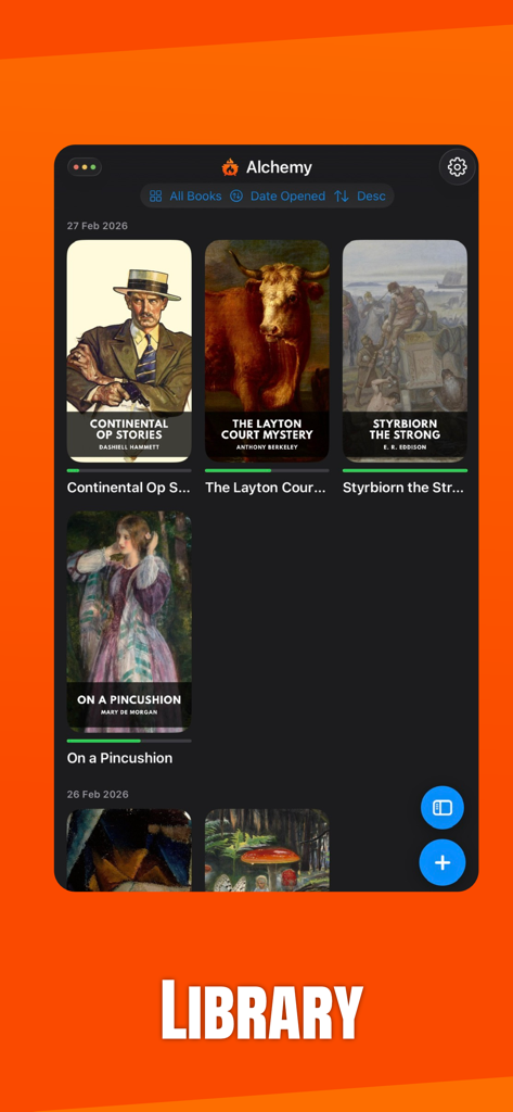 Alchemy: EPUB Reader & TTS - Alchemy EPUB Reader library interface showing a collection of digital book covers in dark mode