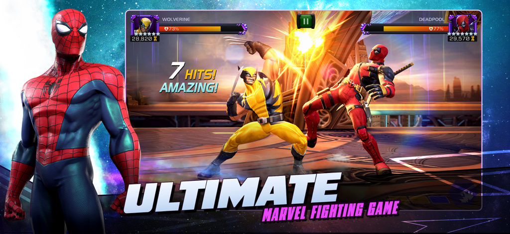 Spider-Man standing next to a battle scene between Wolverine and Deadpool in the Marvel Contest of Champions fighting game