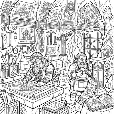 Dive into the industrious world of dwarven craftsmanship with this intricate coloring page, featuring skilled architects at work in their magnificent mountain hall. Discover a wealth of details, from complex blueprints to sturdy mining tools, ready for your artistic touch.