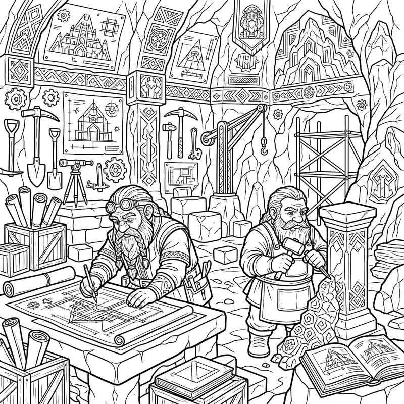 Dive into the industrious world of dwarven craftsmanship with this intricate coloring page, featuring skilled architects at work in their magnificent mountain hall. Discover a wealth of details, from complex blueprints to sturdy mining tools, ready for your artistic touch.
