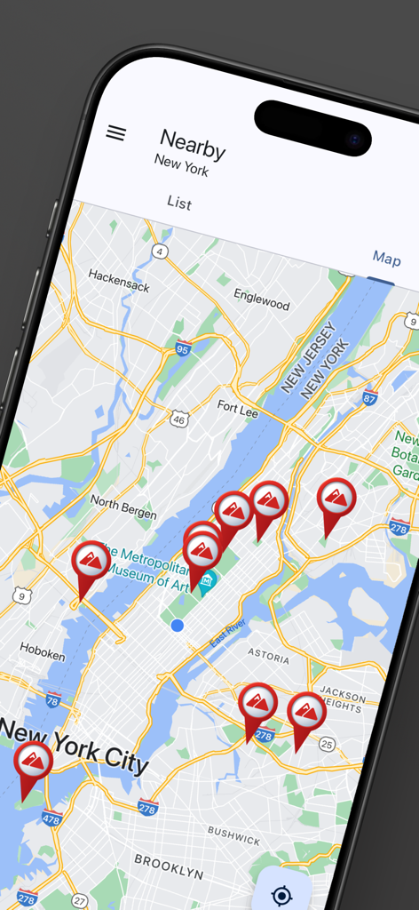 Mountain & Peak Finder - マウンテン＆ピークファインダーアプリのマップビューは、ニューヨーク市のピークを表示しています