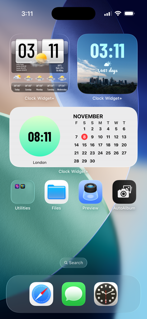 Clock Widget+ - Customizable clock, weather, and calendar widgets on an iPhone home screen using Clock Widget Plus.