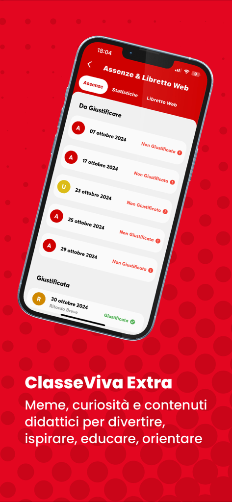 Screenshot of the ClasseViva Studenti app showing attendance records and absence justifications on a mobile phone.
