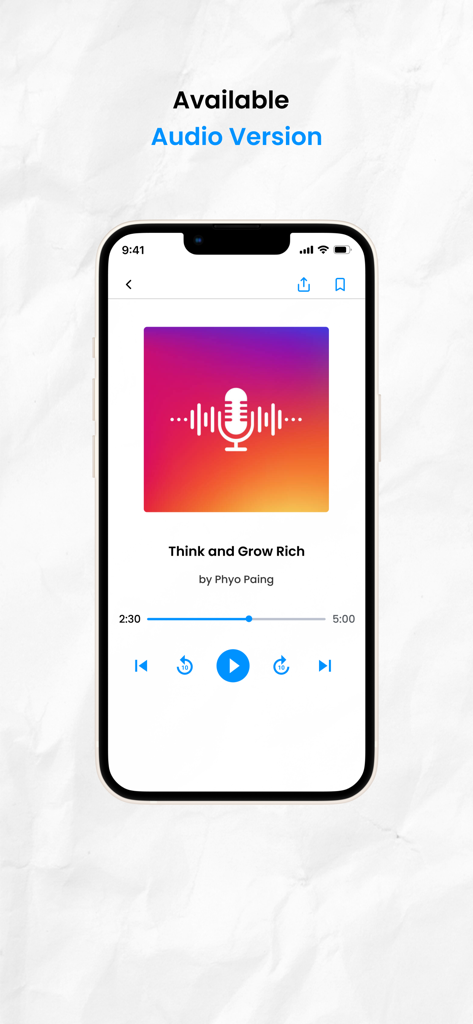 Dream Lab 2.0 - Interfaz del reproductor de audio de la aplicación Dream Lab 2.0 mostrando la versión de audio de Piensa y Hazte Rico.