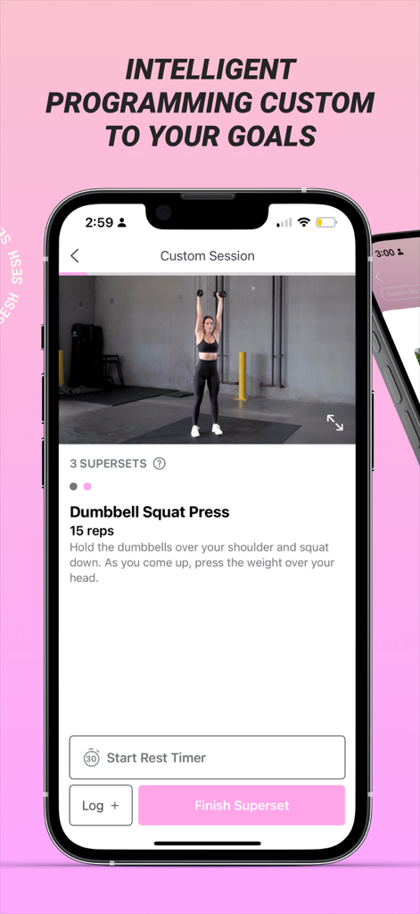 Sesh: Women Fitness & Workouts - Interface of the Sesh fitness app showing a dumbbell squat press exercise with video demonstration and rep tracking.