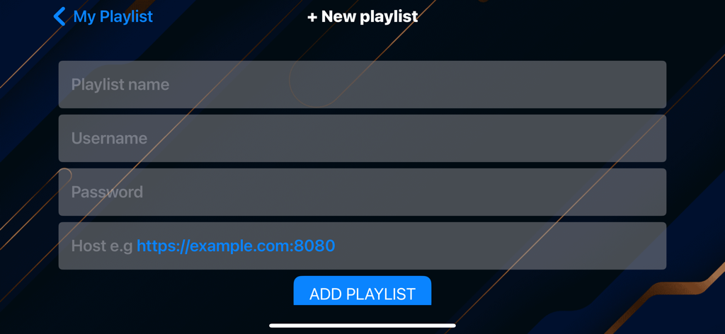 Einrichtungsbildschirm zum Hinzufügen einer neuen IPTV-Playlist mit Feldern für Name, Benutzername, Passwort und Host