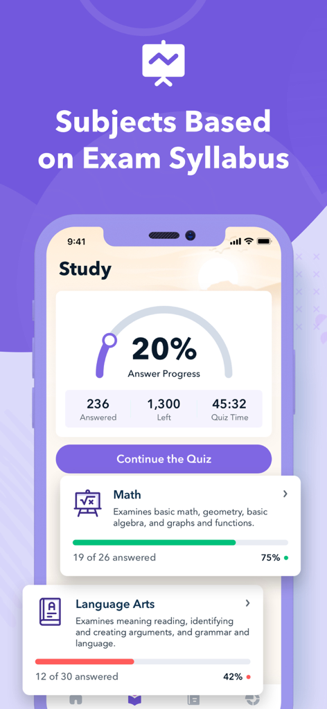 Interfaccia dell'app GED Practice Test 2025 che mostra i progressi di studio e le materie d'esame come Matematica e Arti del Linguaggio