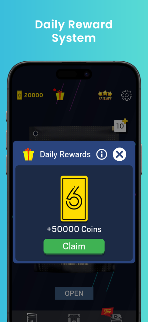 R6 Alpha Pack Opener - Daily reward system screen in the R6 Alpha Pack Opener app showing a pop up to claim fifty thousand coins