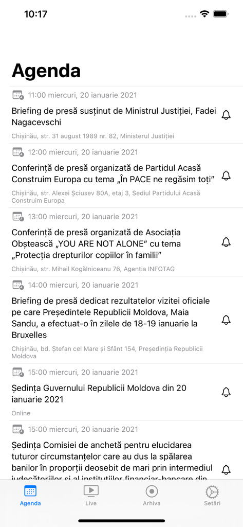 Privesc.Eu - Privesc.Eu mobile app interface showing the agenda of upcoming live political and news events in Moldova
