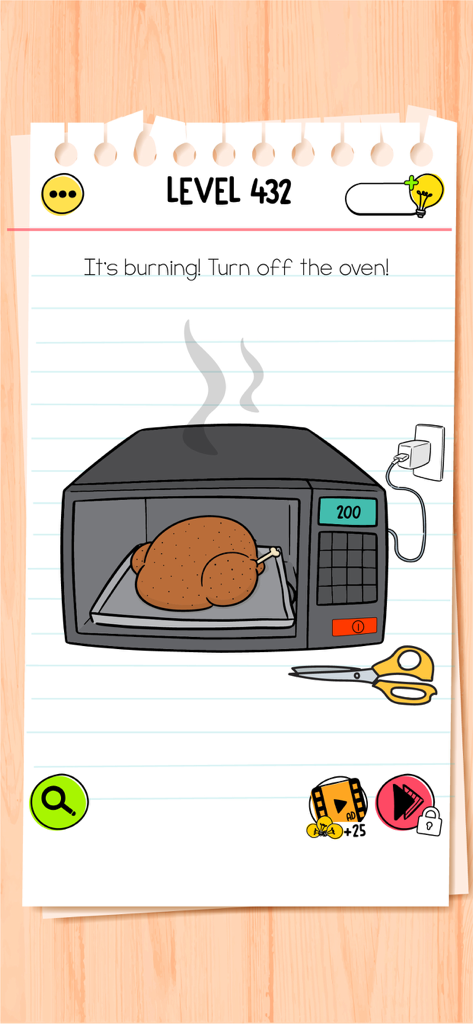 Brain Test All-Star puzzle level 432 showing a chicken burning in a microwave oven