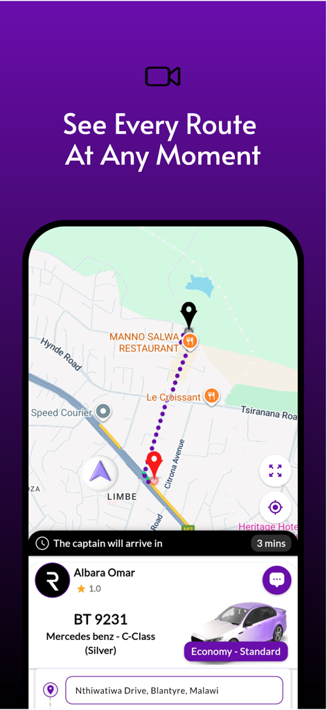 Rydz - Request a ride - Rydz app interface showing real-time route tracking and driver arrival information on a map.