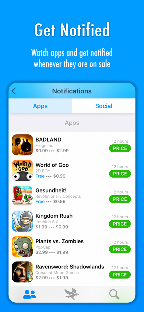 AppRaven: Apps Gone Free - AppRaven notification screen showing price drops and sales for popular iOS games