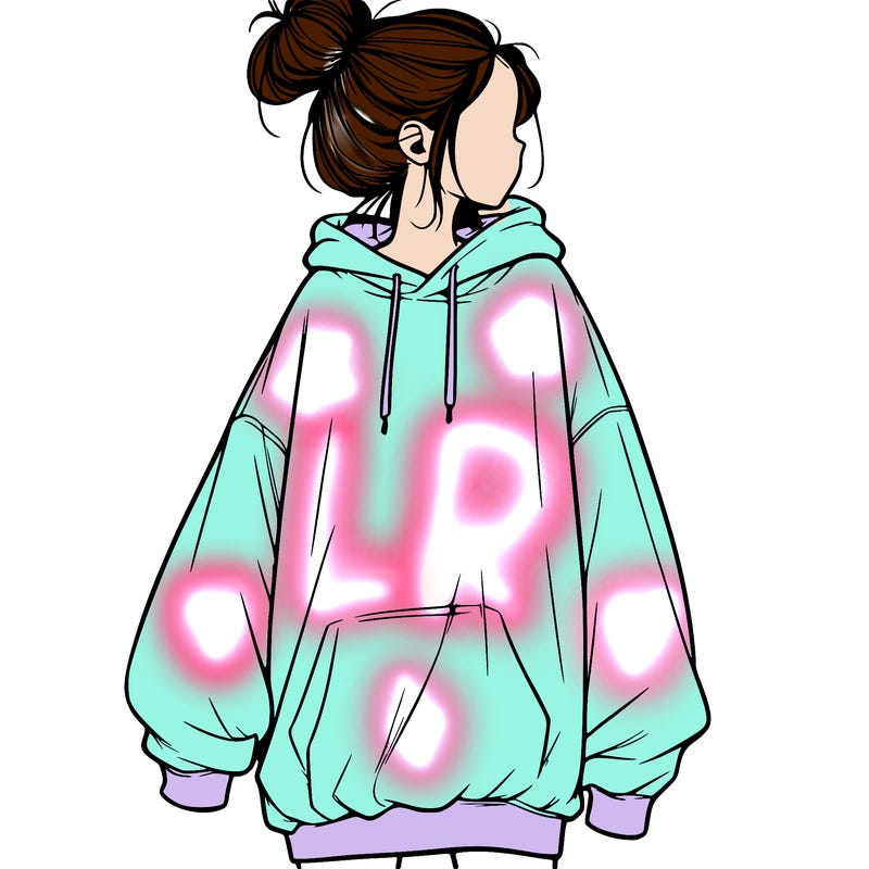 realistic girl with a oversized sweatshirt on and a bun