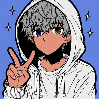 teenage manga boy in a hoodie, doing ✌