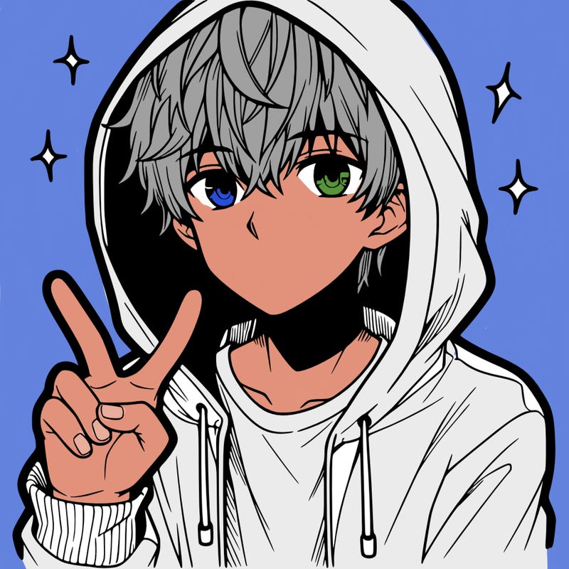 teenage manga boy in a hoodie, doing ✌