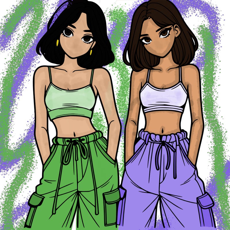 two girls with crop top with baggy pants