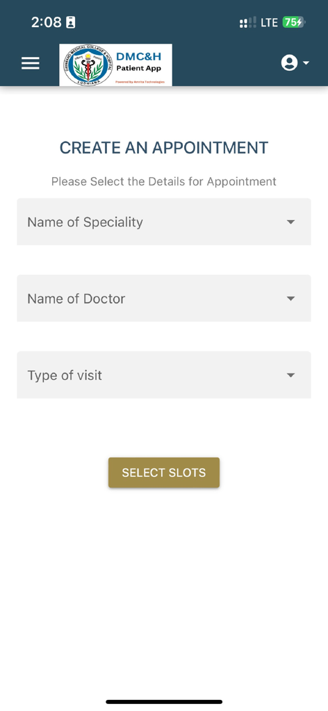 Schermata di prenotazione appuntamenti nell'app Patient Portal dell'Ospedale DMC per la selezione della specializzazione e del medico.