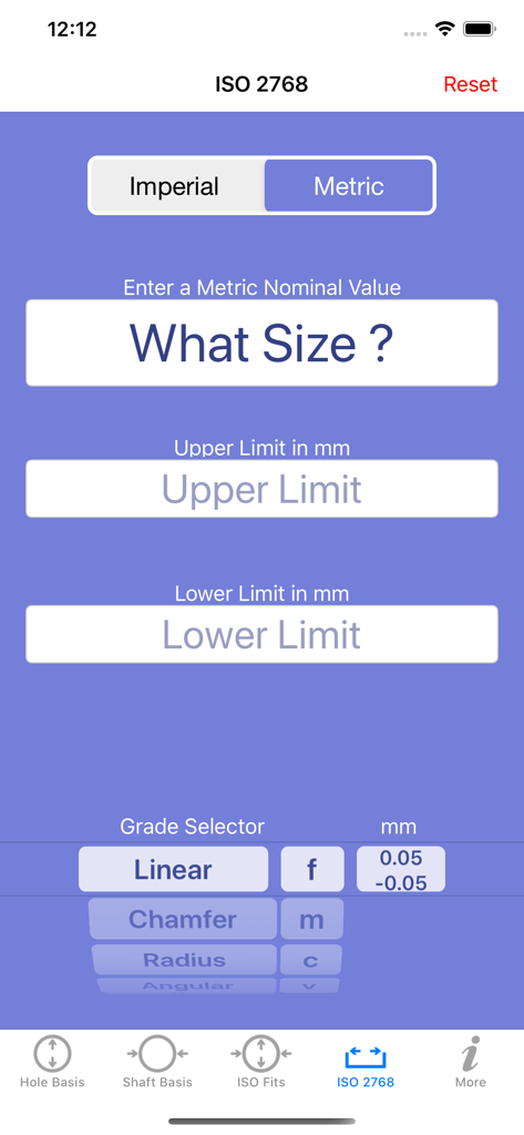ISO Tolerance - ISO 2768 Toleranzrechner-Bildschirm mit Gradwähler und metrischen/imperialen Einheiten