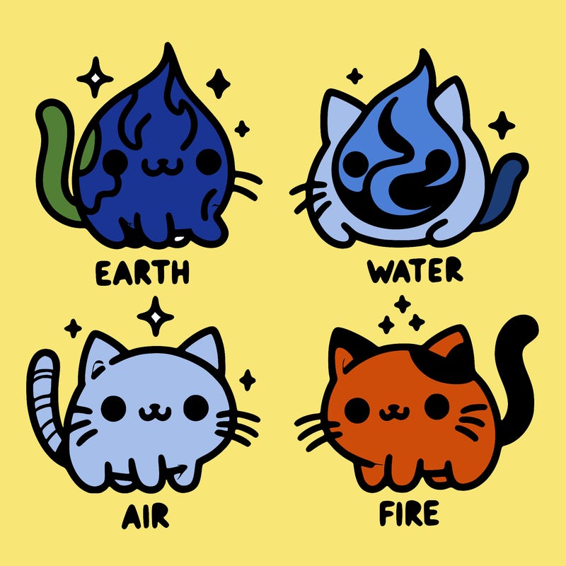 4 cats that represent the different elements, earth, water, air, and fire