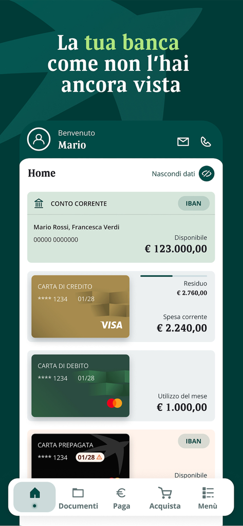 My Private Banking - Home screen of the My Private Banking app displaying account balances and managed credit and debit cards.