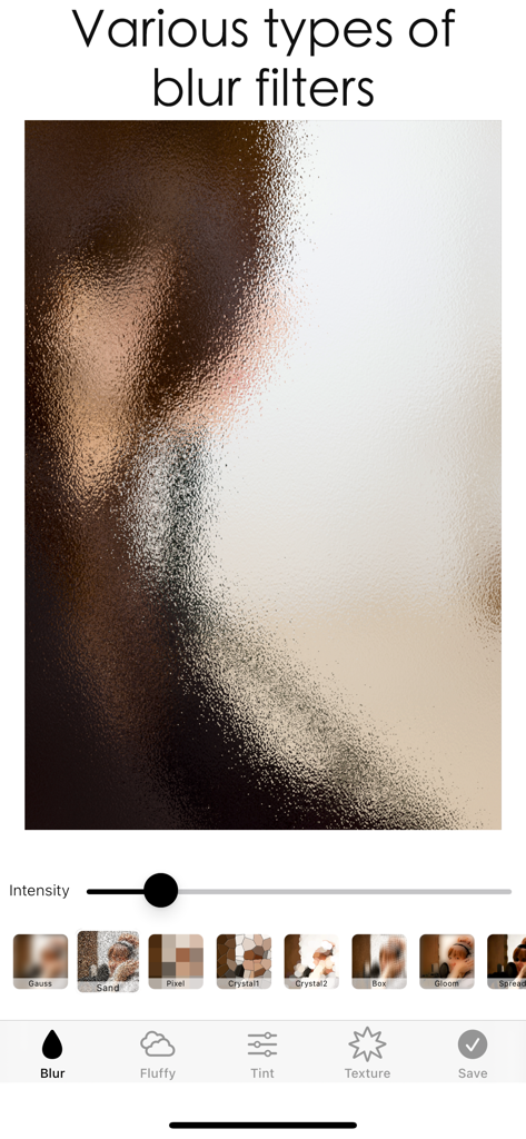 A screenshot of the blur effect app interface showing various blur filter types and an intensity adjustment slider.