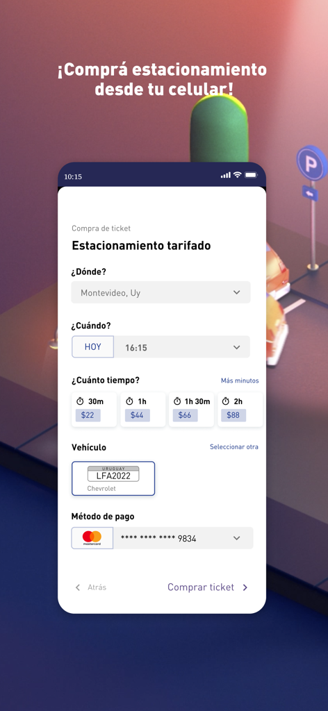 Smartphone screen showing the T2Parking app interface for buying a parking ticket in Montevideo with time and payment options.