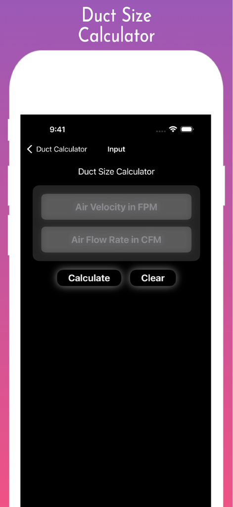 Interface of the Duct Size Calculator app showing input fields for air velocity in FPM and airflow rate in CFM
