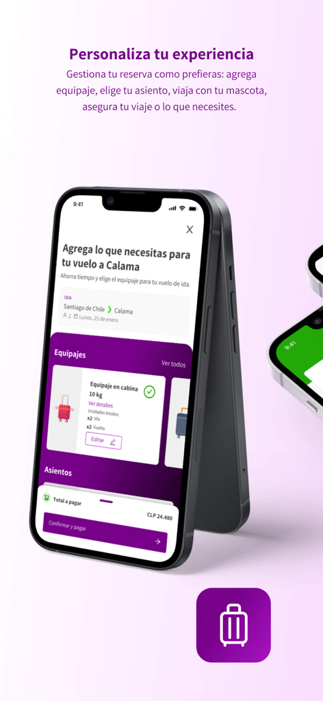 Interface do aplicativo SKY Airline mostrando opções de seleção de bagagem e assento para um voo
