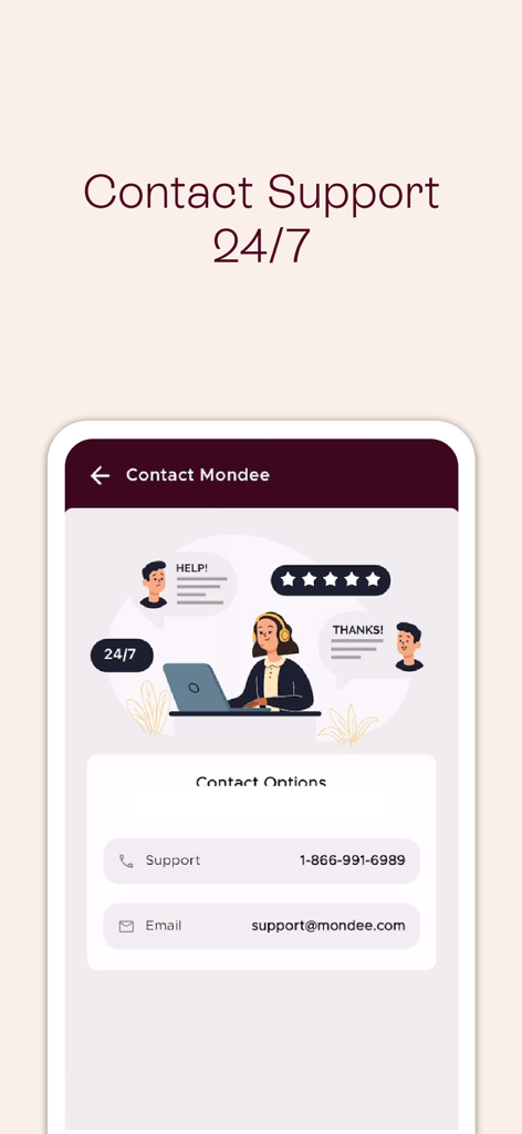 Mondee travel app contact screen showing 24/7 customer support options including phone and email